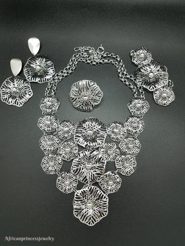 FOUR PIECE 18K WHITE GOLD PLATED SILVER NECKLACE SET